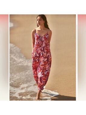 Anthropologie Red & Pink Floral Spaghetti-Strap Jumpsuit